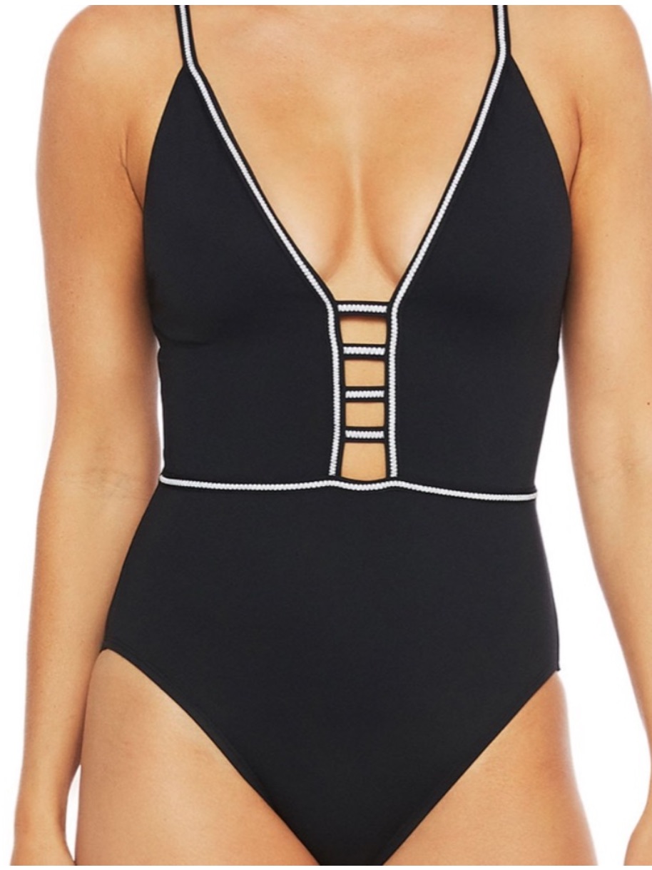 La Blanca Plunge Mio One Piece Swimsuit In Black Featuring Distinct White Piping
